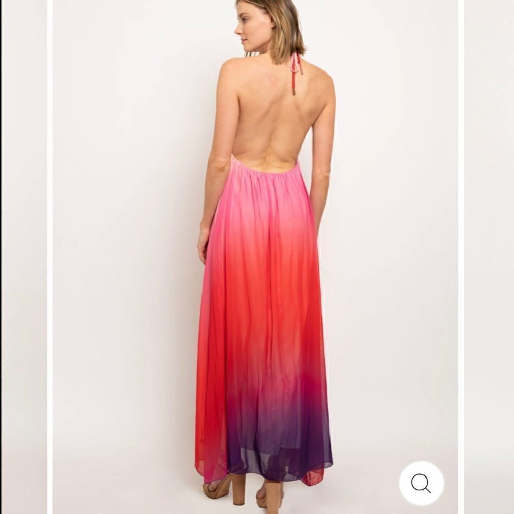 Colorful Ombré Backless Pleated Tie Halter Maxi Dress